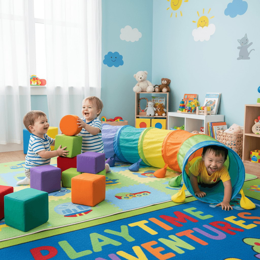 Young children playing with colorful soft blocks and a tunnel in a daycare playroom