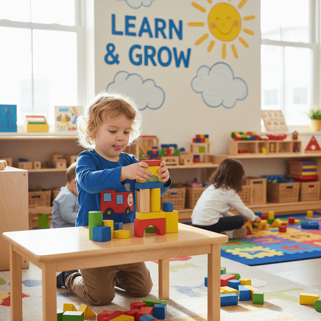 Child building with blocks at a classroom table