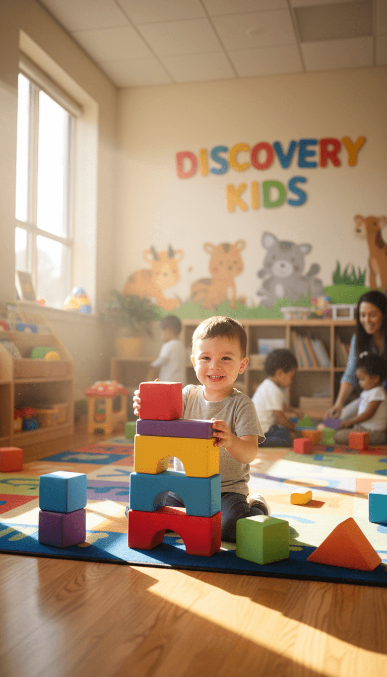 Child playing with colorful blocks in a bright daycare room