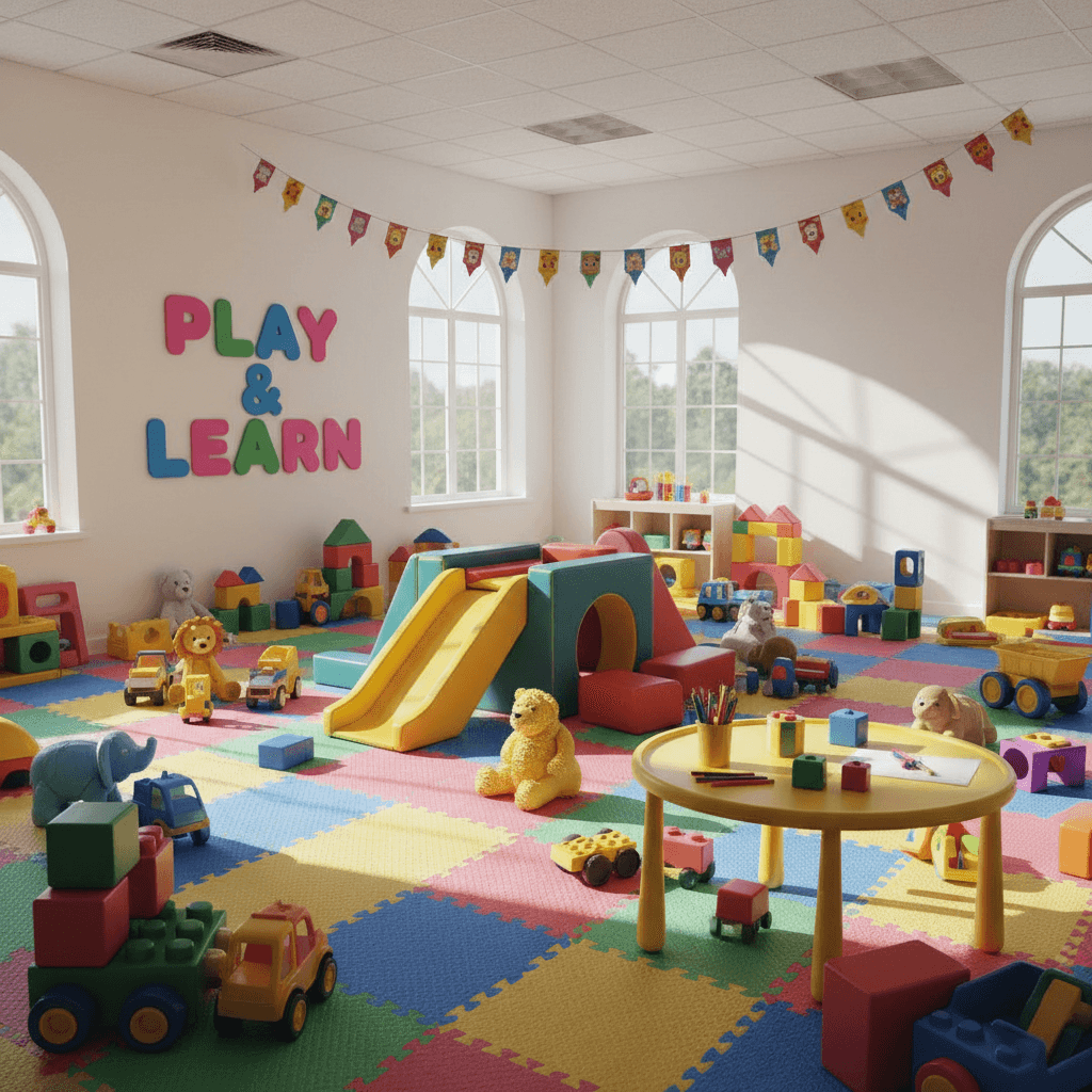 Colorful playroom with soft mats and toys