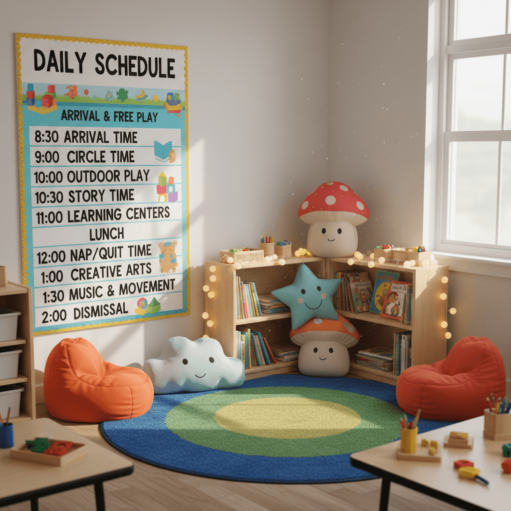 A preschool classroom with a daily schedule chart and a cozy reading corner with cushions