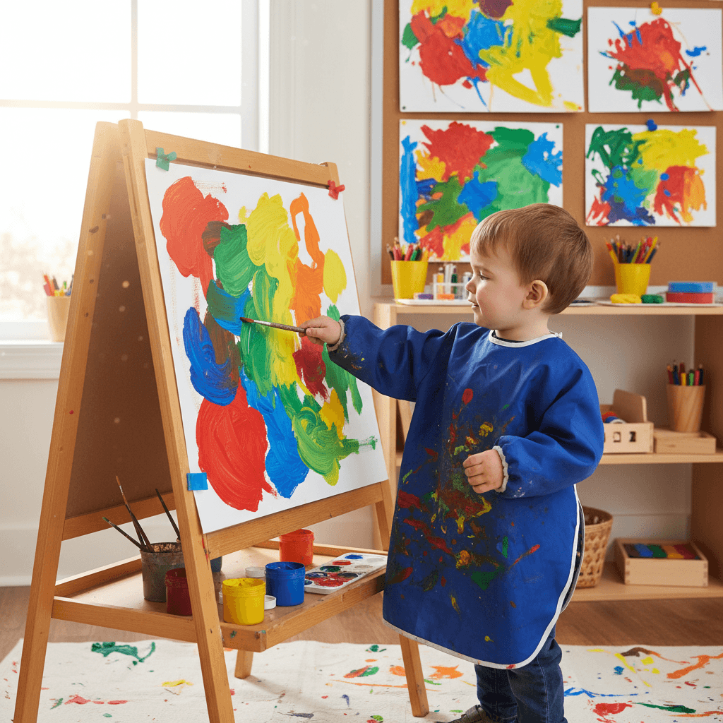 Toddler painting at an easel in the art area