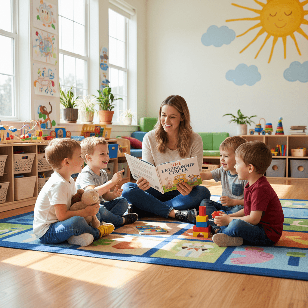 Children sitting in a circle with a caregiver for a group activity in a bright daycare room
