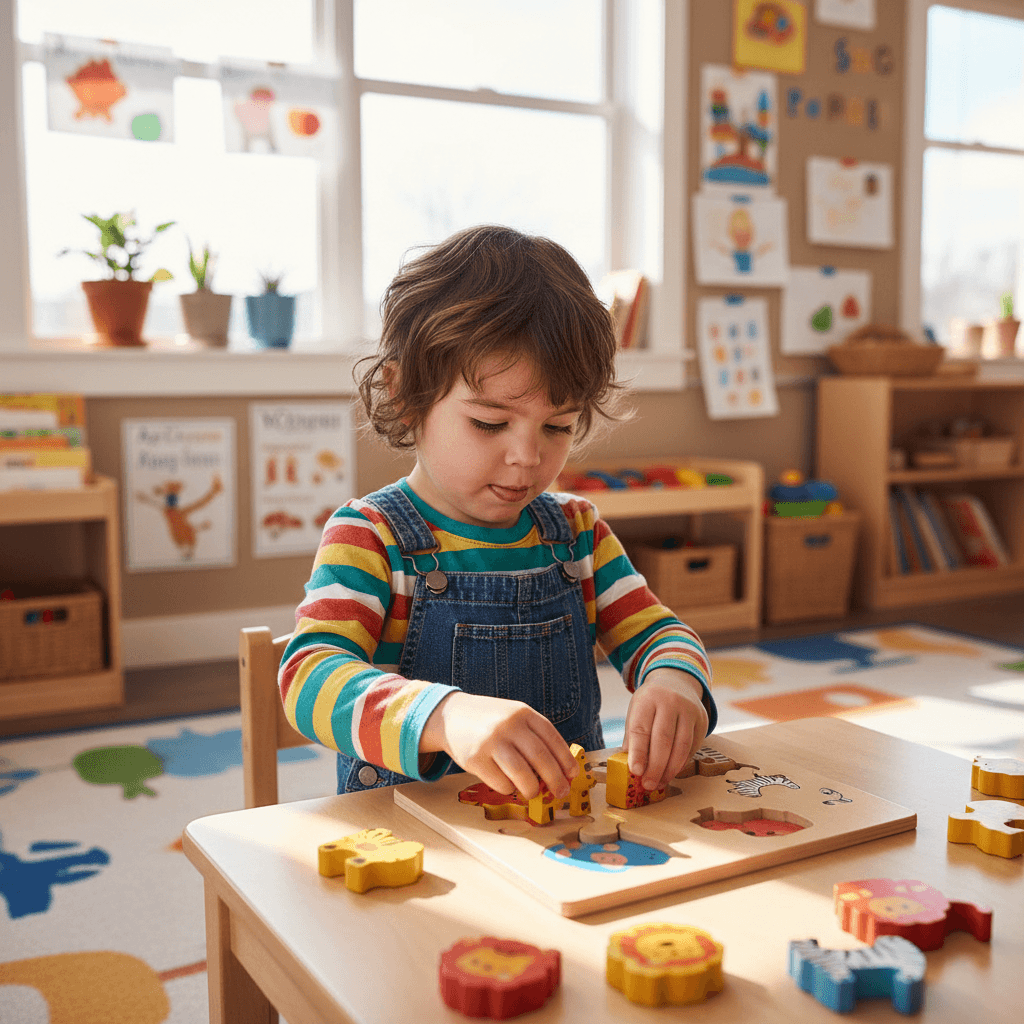A preschooler concentrating on a wooden puzzle at a small table in a bright childcare room