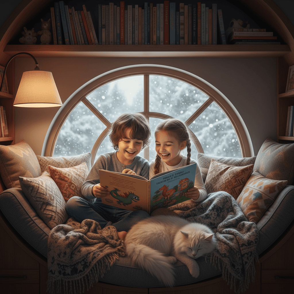 Children reading books together in a cozy corner
