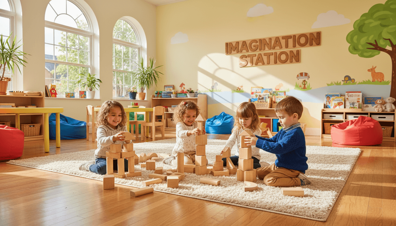 Children playing with wooden blocks in a bright, cozy childcare room