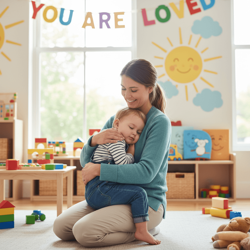 A caregiver kneeling to comfort a young child with a gentle expression in a warm daycare