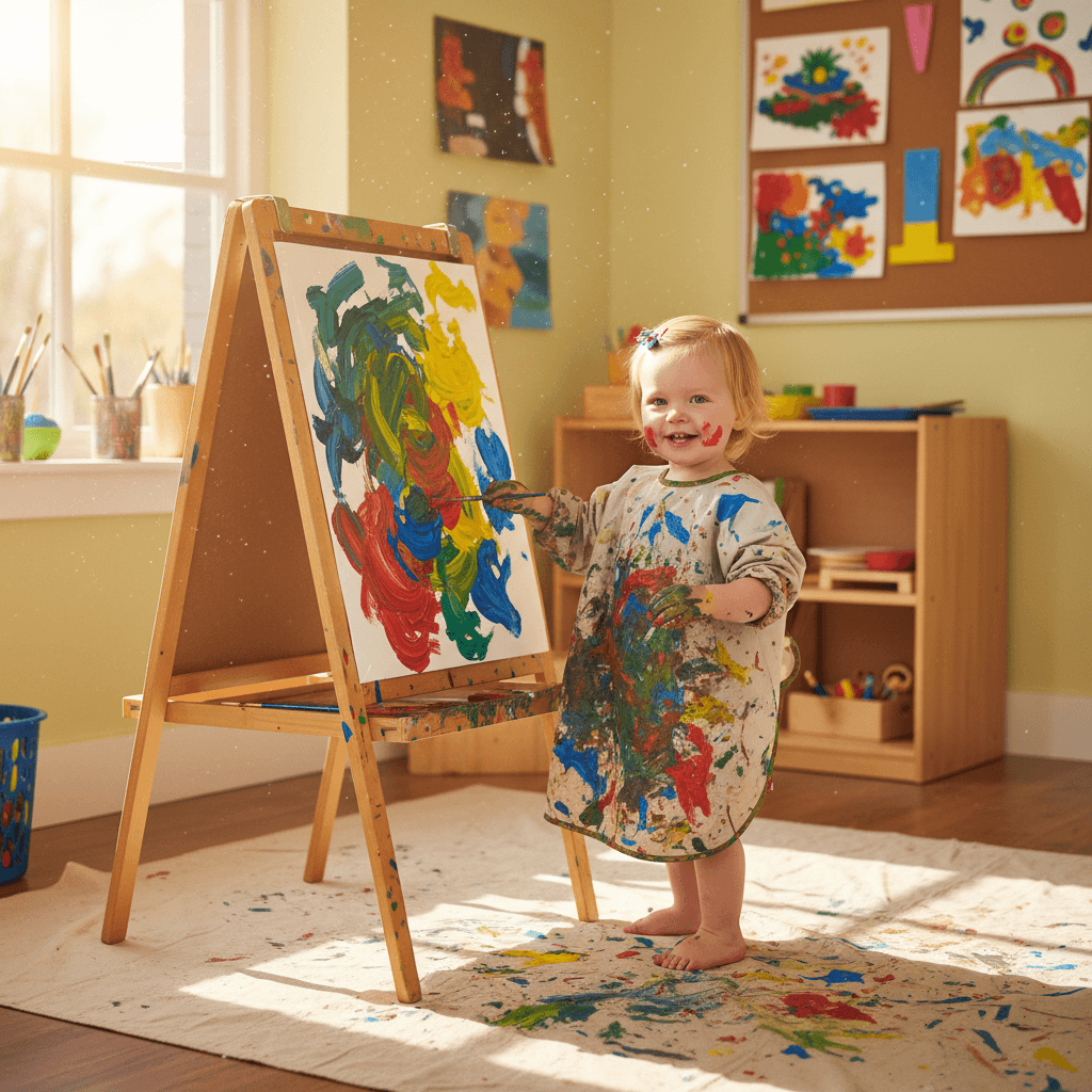 A toddler painting with bright colors at an easel in a sunlit daycare art area