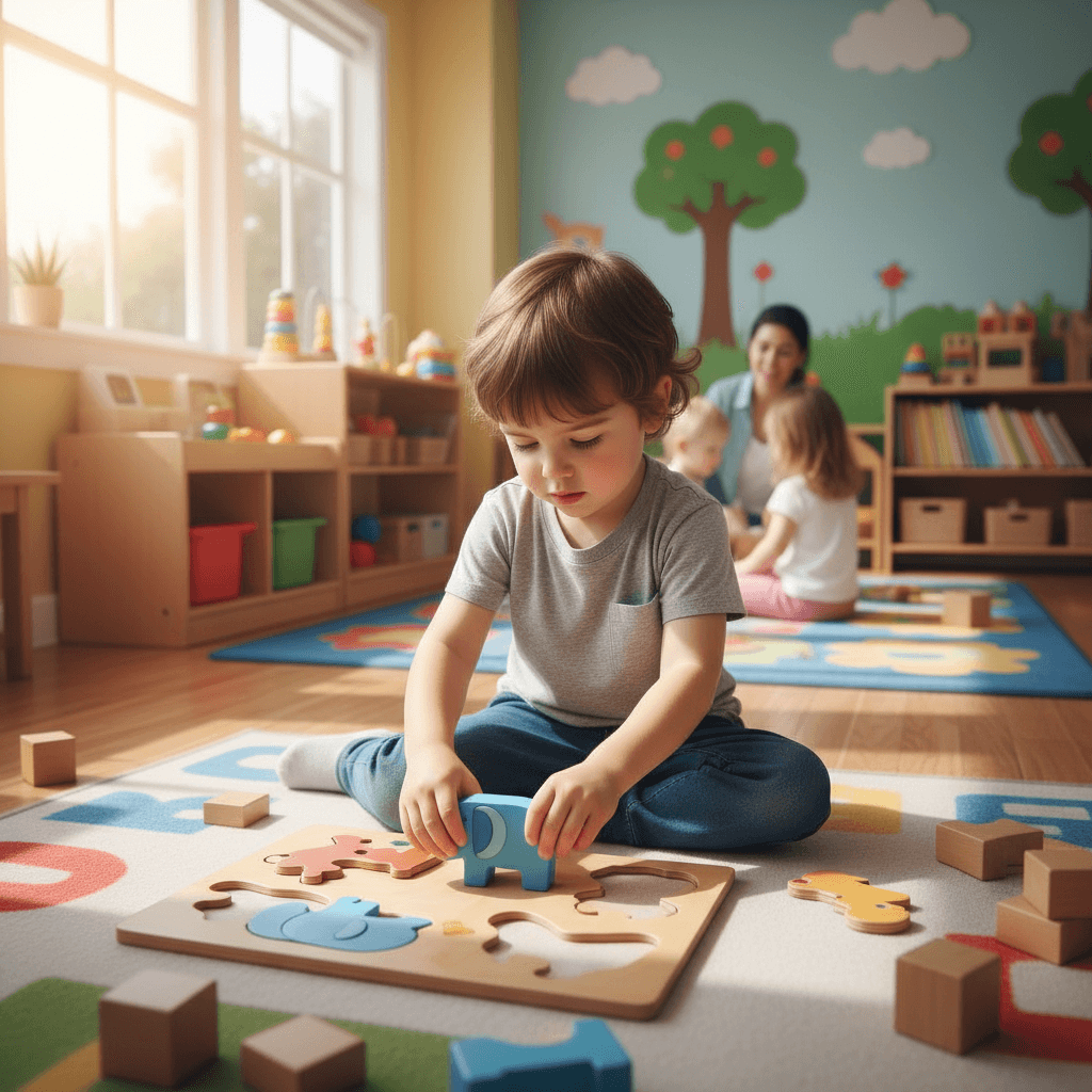 Child playing with puzzles on the floor