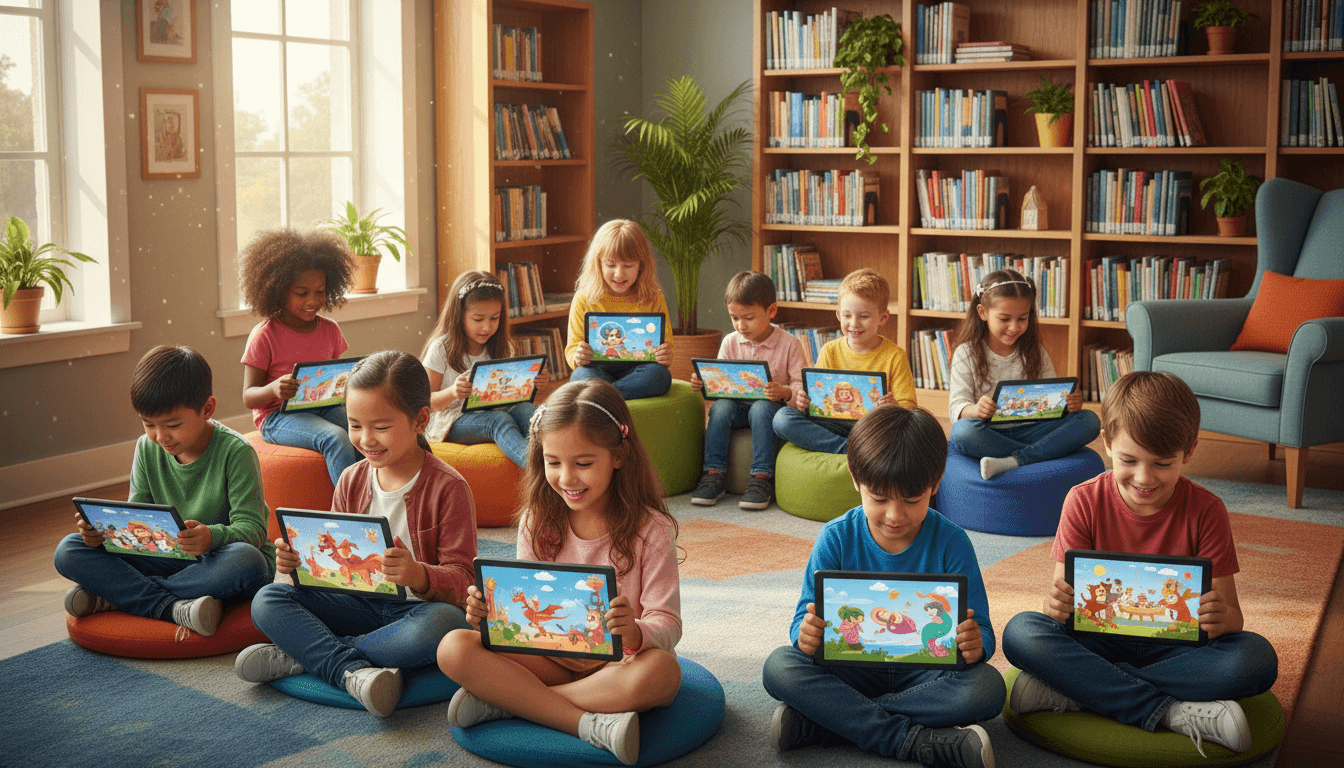 Young children reading picture books together on a colorful carpet