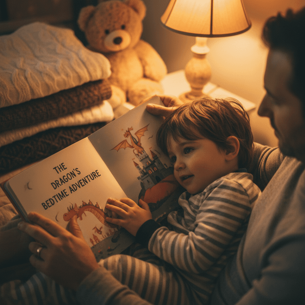 Caregiver reading a picture book with a young child on a cozy rug