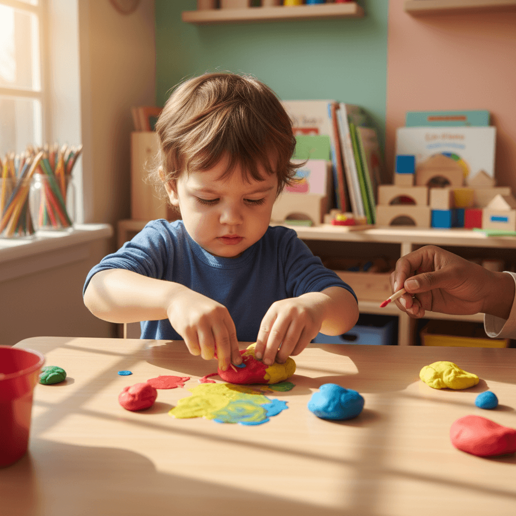 Young children doing a colorful learning activity at a daycare table