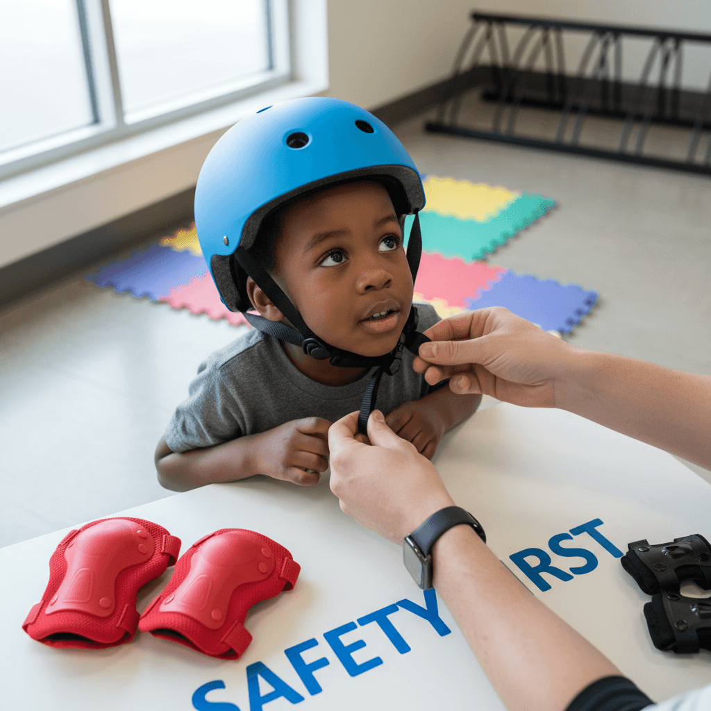 Childcare provider checking safety equipment in a bright daycare room
