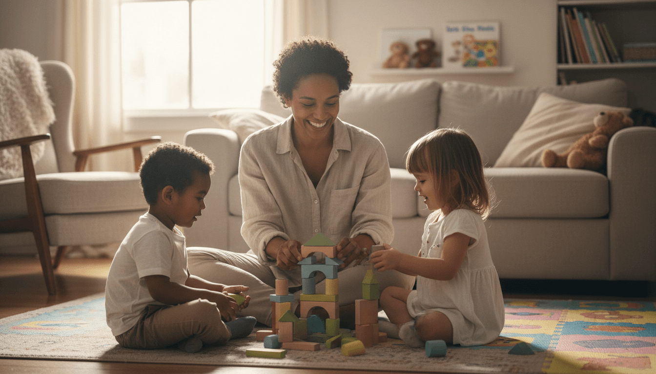 Children playing with blocks while a caregiver sits nearby in a bright daycare room