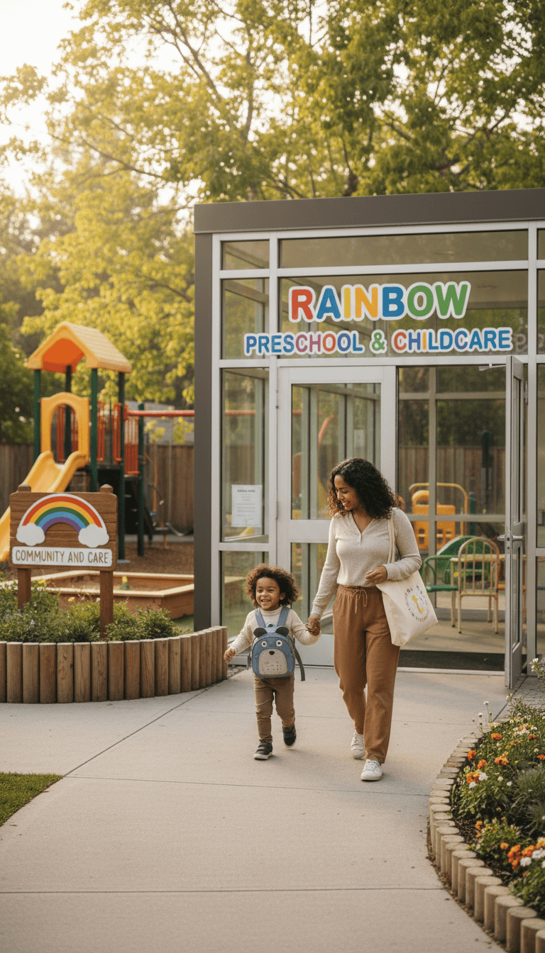 Parent chatting with a friendly childcare provider at a daycare entrance