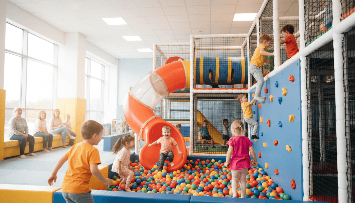 Children playing on colorful playground equipment in an outdoor yard