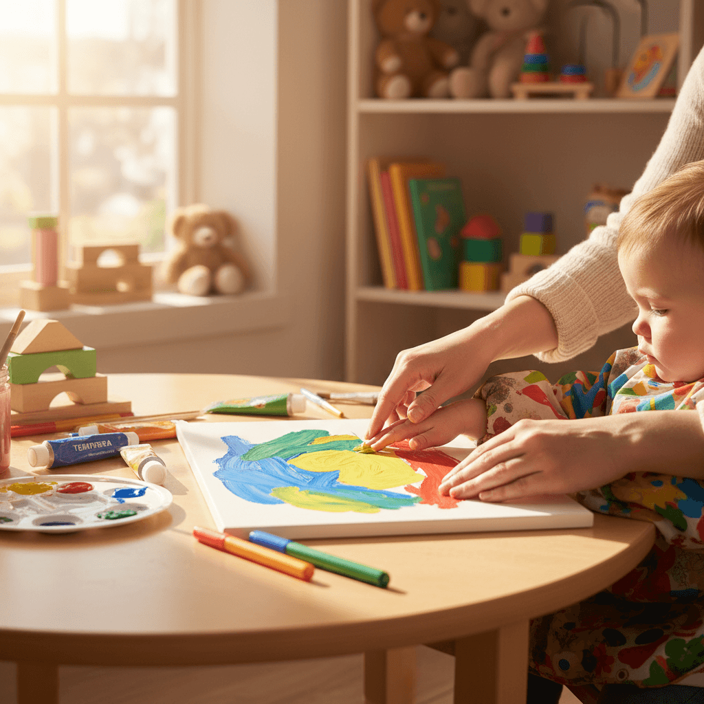 Caregiver writing notes on a clipboard while children play nearby