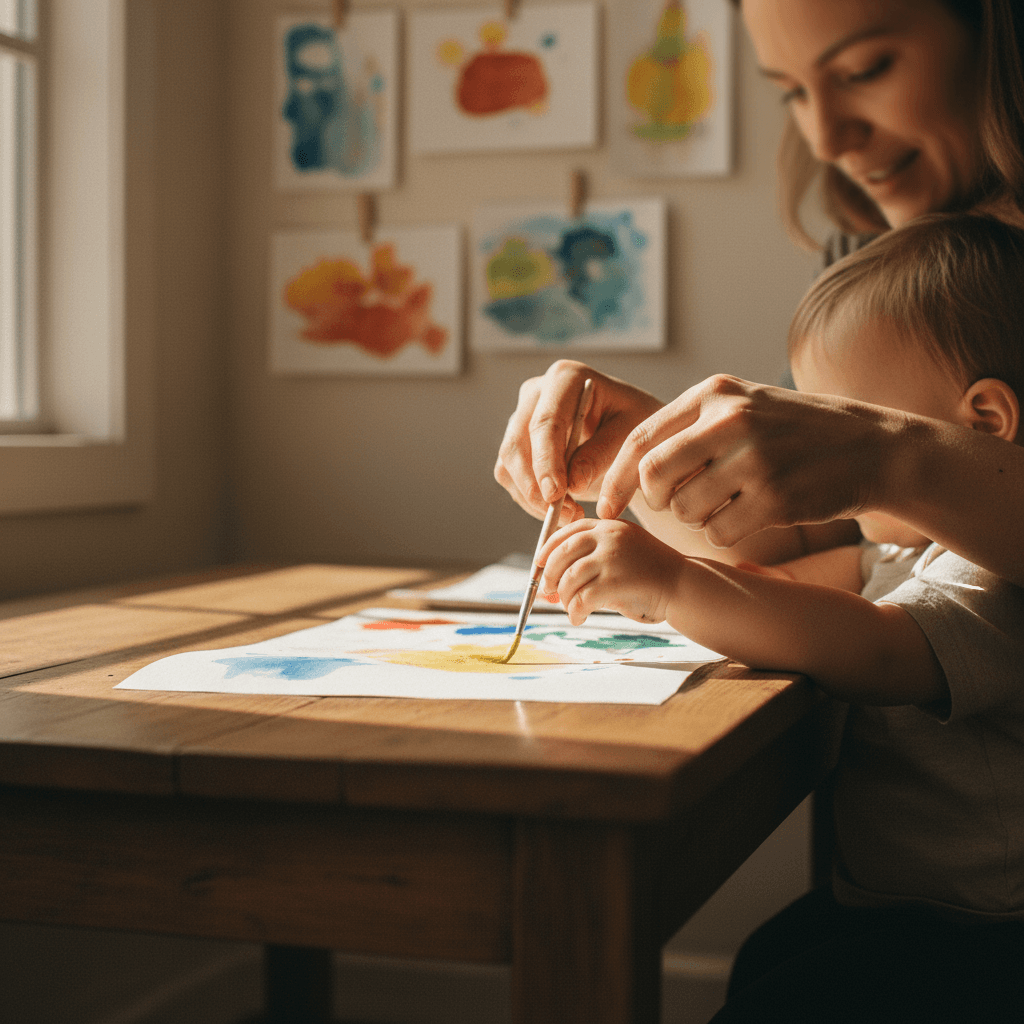 Toddler painting with bright colors at a small table in a daycare