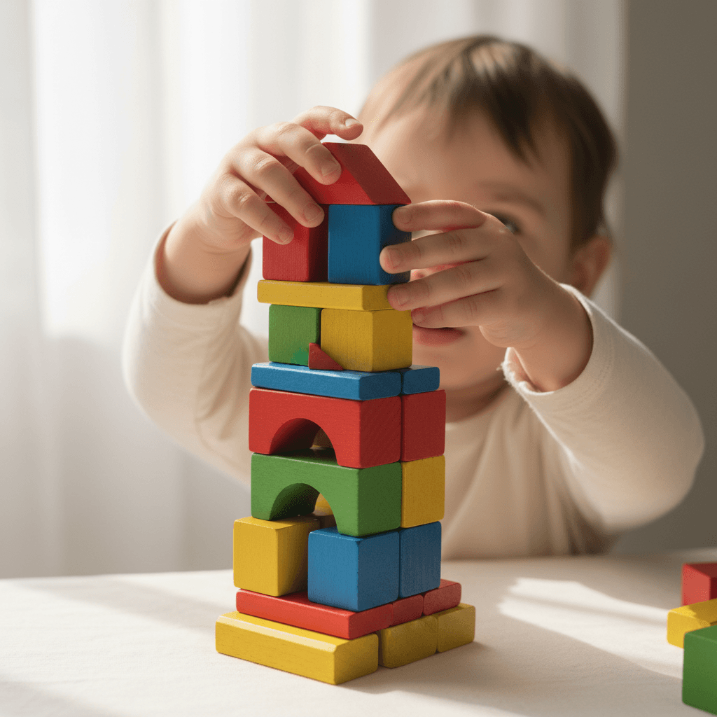 Children building with colorful blocks on a table in a bright playroom