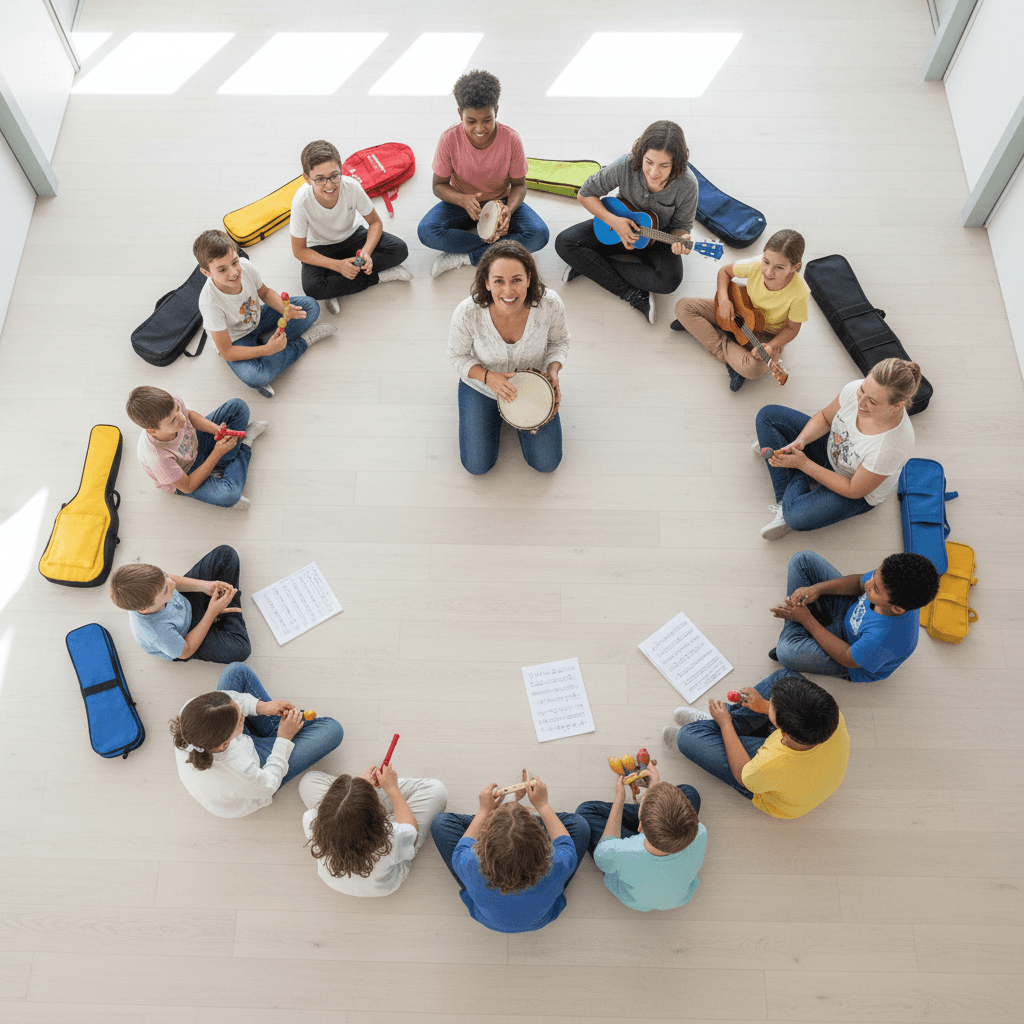 Children playing with musical instruments during circle time at preschool