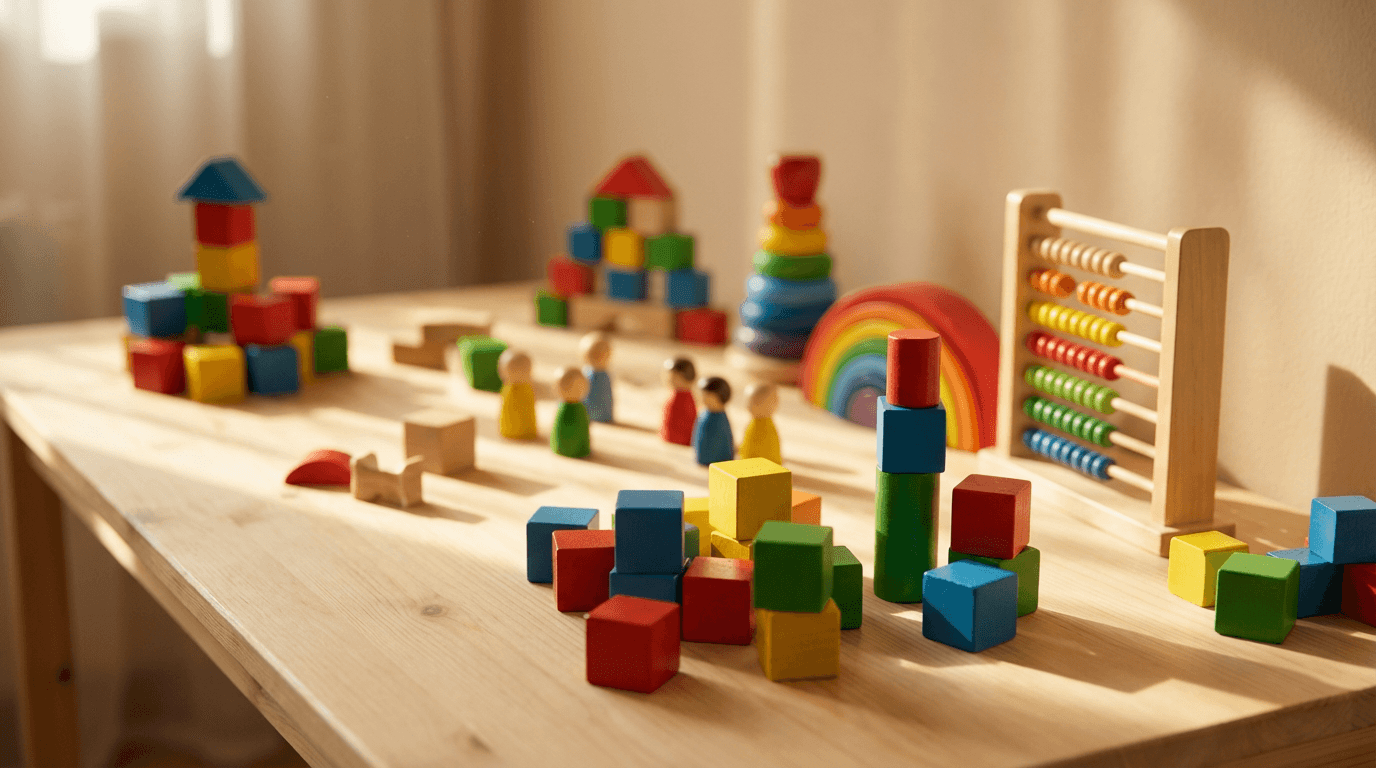 Children playing with colorful toys in a bright, warm daycare room