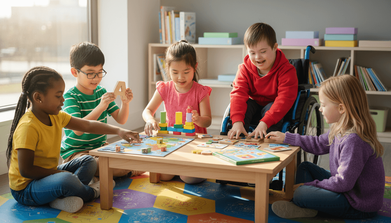 Happy children playing with colorful toys in a bright daycare room