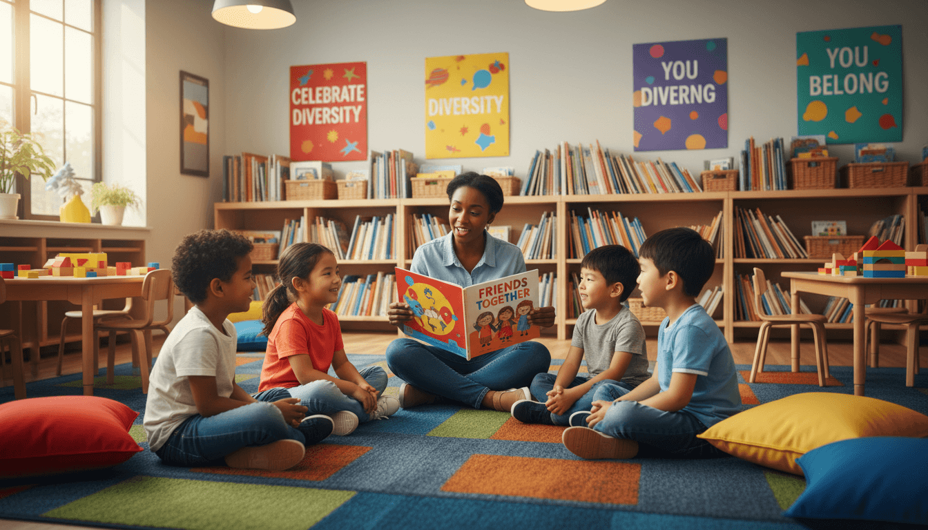 Parent reading with a child in a bright daycare room