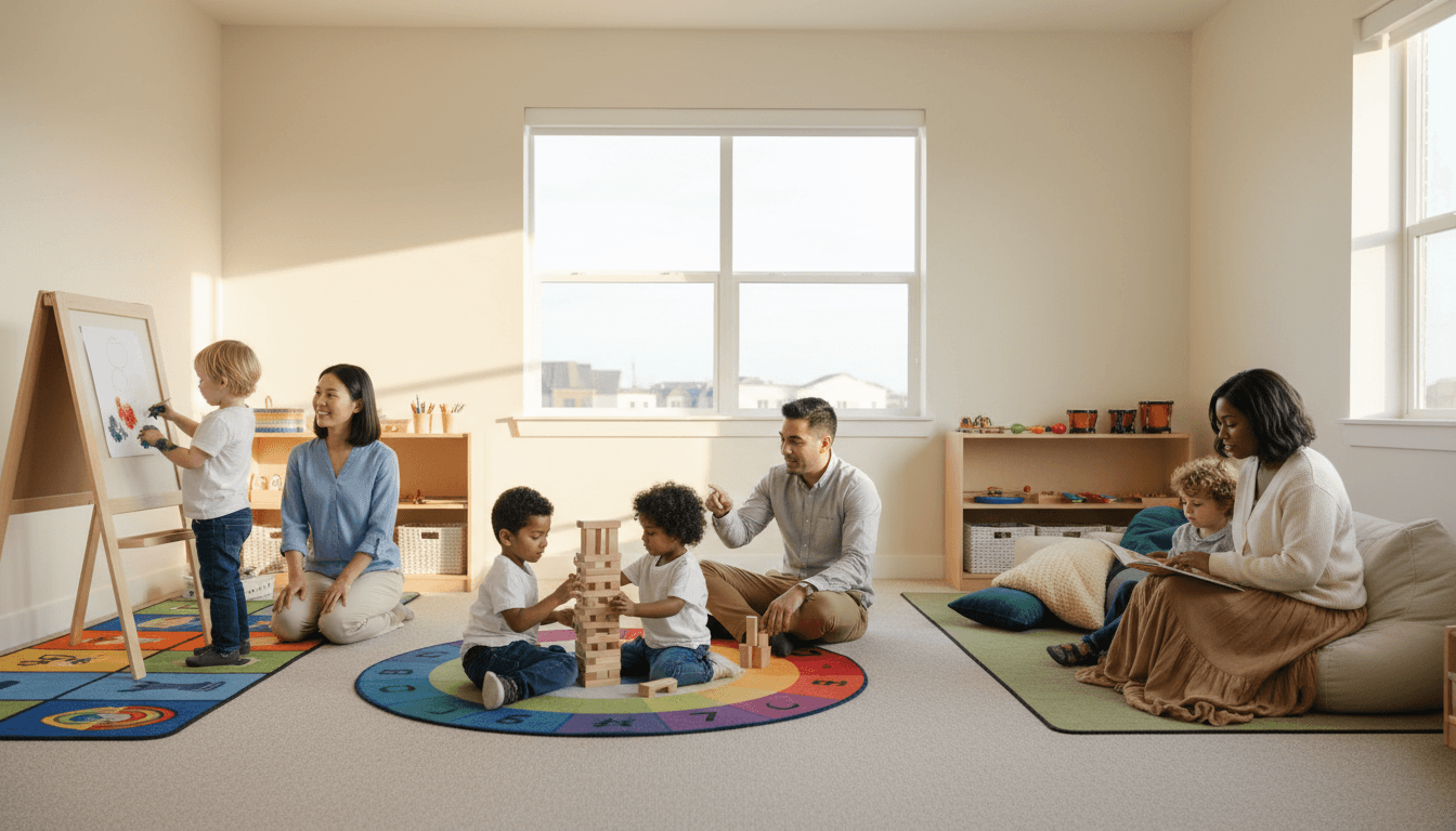 Children playing with colorful toys in a bright daycare classroom